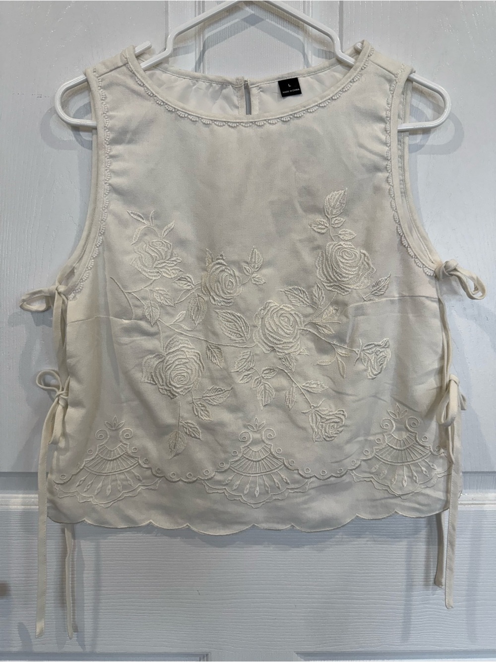 Ivory Embroidered Top side ties lined  scalloped edges dainty romantic
